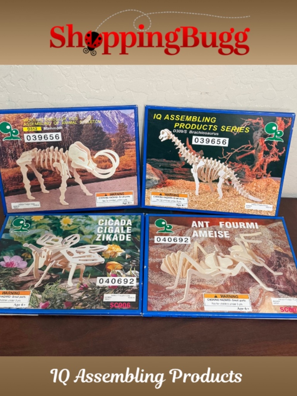 IQ Assembling Products 3D Wooden Model Kits ~ Dinosaur/Ant Forum/Cicada Lot of 4